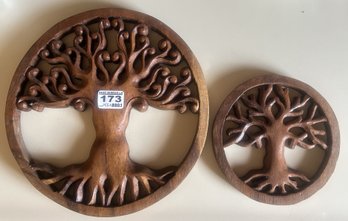 2 Pcs Round Carved Wooden  Tree Of Life Wall Hot Plate Table Protectors, Largest 9.75' Diam.