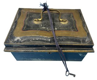 Antique Classic Locking Tin Document Or Jewelry Box With Key, 9-5/8' X 7' X 4.5'H