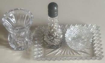 4 Pcs Individual Cut Crystal Open Salt, Pepper Shaker On Tray, 4.5' X 3.25' And Lead Crystal Toothpick Holder