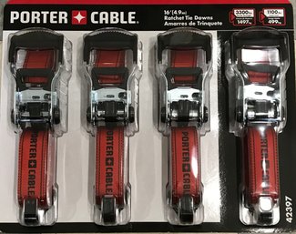 PORTER CABLE Brand New 4 Pack Ratchet Tie Downs 16', 1100 Load Limit, 3300mBreak Strength