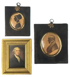 3 Pcs 2 Antique Framed Silhouettes And Small Framed George Washington, 4-5/8' X 5-5/8'H