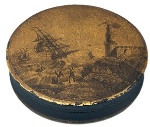 Antique Treenware Carved & Painted Lacquered Box With Lighthouse And Shipwreck Decorations, 3.5' Diam.