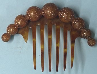 Antique 19thC Sea Turtle Tortoise Shell Hair Comb Inlaid With Brass Stars, 4.25'W X 0.75'D X 3.25'H