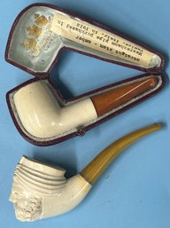 2 Pcs Antique Meerschaum Pipes With Amber Stems, Italian In Case (4.75'L) & Turkish Carved Without Case