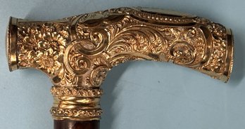 1889 Stunning Antique Walking Stick With Gold Engraved Handle, 36.5'L, Strong 10K And Holds 14K Acid Tests