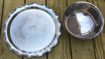 2 Pcs Silver Plate Serving Pieces, 14.5' Diam. Tray & Reproduction Paul Revere Bowl 9.25' Diam. X 4.75'H