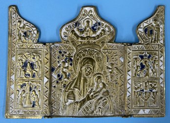 Antique Russian Orthodox Enameled Folding Brass Traveling Triptych Icon, Christian, Open 5.75' X 4.25'H