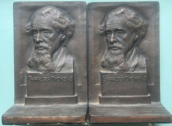 Spectacular Pair Of Heavy Bronze Charles Dickens Bookends, Each 4' X 2.75' X 6'H