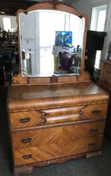 Art Deco Mahogany Veneer 3-Drawer Dresser With Etched Mirror, Dimensions 44' X 21' X 36.5'H (72'H With Mirror)