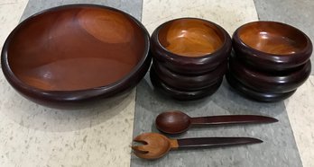 Vintage 9 Pcs Hand Turned Walnut Salad Bowl Set, 11.5' Diam Serving Bowl, 6 Ind Bowls & Serving Fork & Spoon