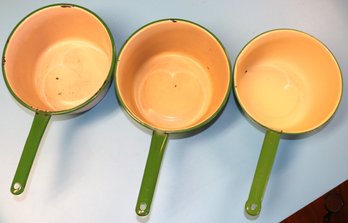 Three Enamel Ware Sauce Pans - Green Trim