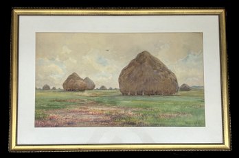 Antique Watercolor, Hay Stacks, Signed Hendricks A. Hallett (1847-1921), 36'W X 26'H
