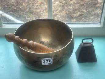 2 Pcs Vintage Singing Brass Bowl 7.75' Diam. With 8' Mallet And Small Copper Cow Or Goat Bell, 3.25'H