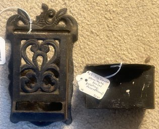 2 Pcs Antique Cast Iron Wall Mounted Match Box Holder, 7'H And One Tin Dutch Style Tole Painted
