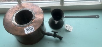 2 Pcs Antique Unusual Antique Copper Warmer With Brass Spigot, 6' Diam. X 9.5' X 4.75' & Brass Ladle Pourer