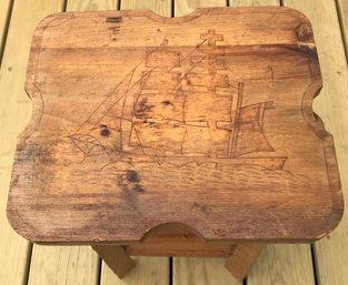 Vintage Small Hand Made, 1-Drawer Smoking Stand With Pyrography Nautical Design, 12.75' X 11' X 19.75'H
