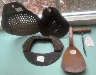 5 Pcs Antiques - Butter Paddle And Rolling Chopper, 7.75' X 5.5', 2-Cream Skimmers And Cork Screw