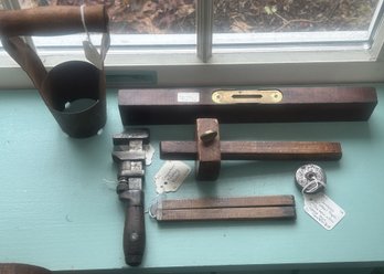 5 Pcs Antiques - Wooden Level 12'and Garden Bulb Planter, 7.75'H, Wrench, Carpenters Folding Measure & Others