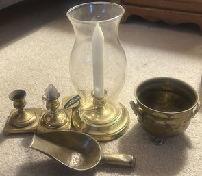 4 Pcs Brass, Antique Pair Candlesticks, No. 8 Scoop, Cache Pot And Newer Small Hurricane Lamp, 10'H