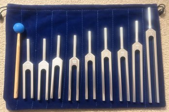 Complete Set Of Pitch Tuning Forks In Blue Velvet Carrying Case With Rubber Mallet, Case 10'L