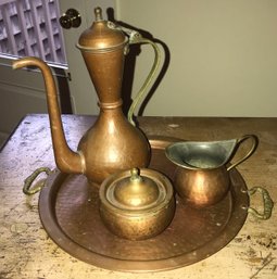 Vintage Art Deco Era 4-Pce Copper Tea Or Coffee Set , Tray, Pot, Covered Sugar & Creamer
