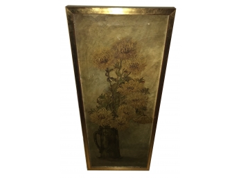 Antique Gold Framed Oil-On-Canvas Painting Of Chrysanthemums In Stein, Un-Signed