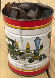 Vintage Automobile Themed Coffee Can Full Of Rusty Railroad Spikes, Great Patina
