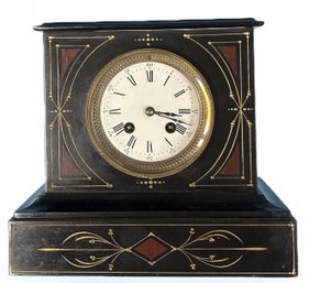 Antique Japy Freres Black Marble Mantle Clock With Red Marble Inlay, French 1850's Movement