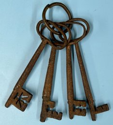 4 Pcs Large Antique Jailer's Skeleton Keys, 5-5/8'L, Each Key Different, Nice Rusty Patina