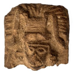 Pre-Columbian Fragment Of Idol Head Wearing Headdress, 2.5' Sq.