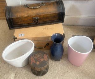 6 Pcs  Including Wine Carrying Or Gift Box, 13' X 5' X 5'H Brass Bound Box And 3-Ceramic Containers