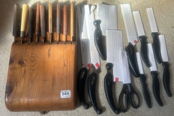 20 Pcs Knife Lot - 9 Vintage Knives In A Wall Mounted Block And New Unused Set Of Miracle Knives