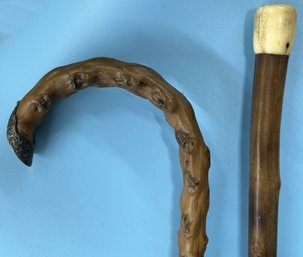 2 Pcs - Antique Walking Stick With Ivory Cap, 38.25'L & Curved Handle Cane With Sterling End Cap, 35-5/8'L