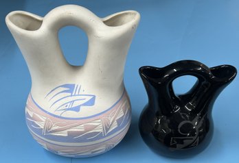 2 Pcs Native American Wedding Vases, White Vase Signed Steve Navajo, 8.5'H, Black Vase Signed Yazzie E. Nav.