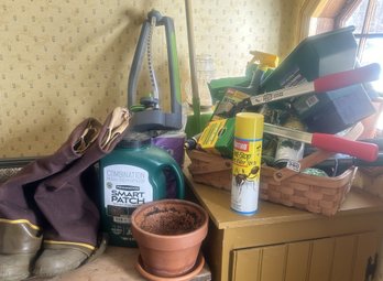 Gardening And Outdoor Lot Including Ladies Garden Boots, Grass Seed, Fertilizers, Sprinkler, Tools & More