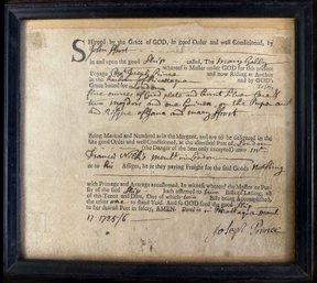 1725 Framed Bill Of Lading From Captain Joseph Prince Aboard The Good Ship Mary Gally, Voyage To London