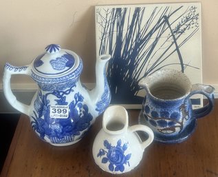 4 Pcs Porcelain Blue & White Pitcher, Lefty Pitcher, Stoneware Mug With Underplate & Tile