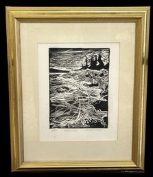 20thC Framed Limited Edition 28/50 'Maine Coast' Lino-Cut By Deirdre Robinson