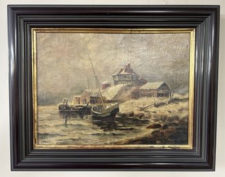 Antique Well Framed Oil On Canvas Of Winter Coastal Scene By Artist H. Martin Frost, 15.5' X 12.5'H
