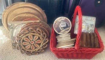 Lot Of Wooden & Woven Table Hot Pad And Numerous Drink Coasters Of Various Materials