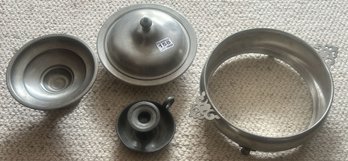 4 Pcs Pewter, Covered Dish, Chamber Candlestick, Open Server Without Insert, Largest 9' X 12.5' X 3'H