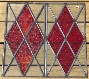 Matching Pair Vintage Red Rippled Stained Glass & Clear Glass Windows, Each 10.5' X 20'H