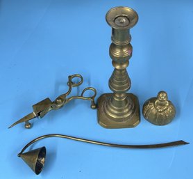 4 Pcs Antique Brass Beehive Push Up Candlestick 8.75'H, Candlewick Trimmer, 17thC Lady Shaped Bell & Snuffer