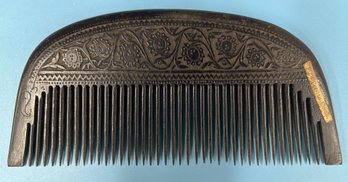 19thC Antique Hand Carved Wooden Persian Hair Comb Carved With Floral Design, 7-1/8' X 3-1/4'