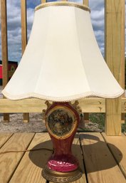 1940's Porcelain Table Lamp On Bronze Base With French Courtier Scene. 18' Diam. X 27'H