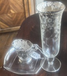3 Pcs Sterling Silver Overlayed, Vase 10'H, Creamer, 4.25' X 3.5'H And Silver Rimmed Square Plate, Not A Pair