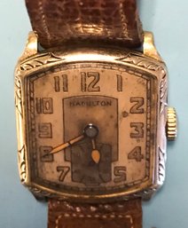 Vintage Men's 14K Filled, 17 Jewels, Hamilton Wind-Up Wrist Watch, Leather Band, Running