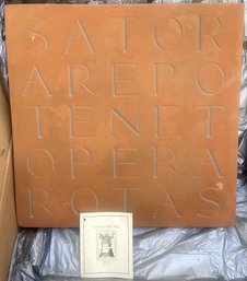 Vintage New In Box Square Terracotta Slab Inscribe In Latin With Christin Palindrome, With Paperwork, 12' Sq