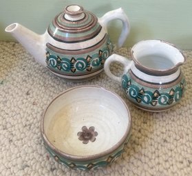 3 Pcs Vintage Hand Painted Glazed Redware Tea Pot, Creamer & Open Sugar Bowl