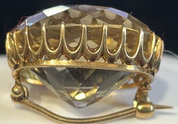 Large Antique Multi-Faceted Estate Citrine Brooch In Yellow Gold Setting, Acid Tests 18K 2.5mm X 2.3mm X 1.5mm
